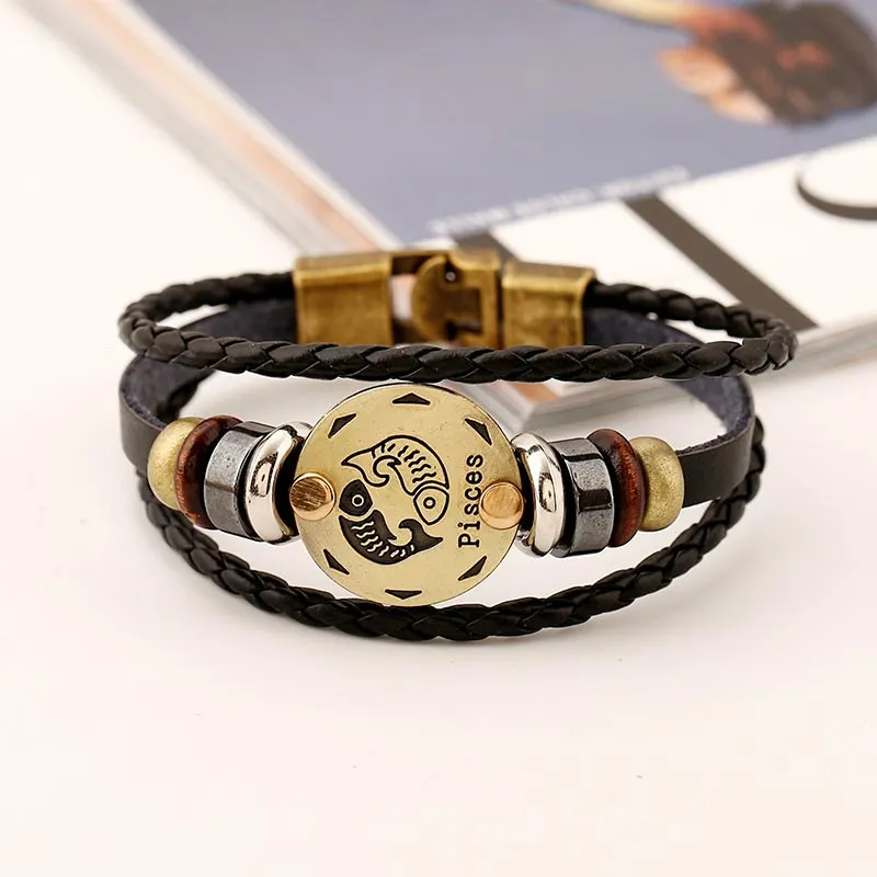 12 Constellations of the Zodiac Hematite Leather Charm Bracelet (Extra 30% Off | USE CODE: FS30)