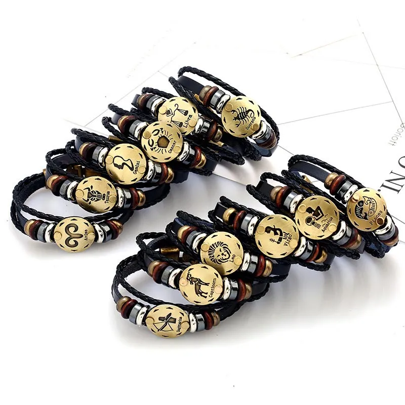 12 Constellations of the Zodiac Hematite Leather Charm Bracelet (Extra 30% Off | USE CODE: FS30)