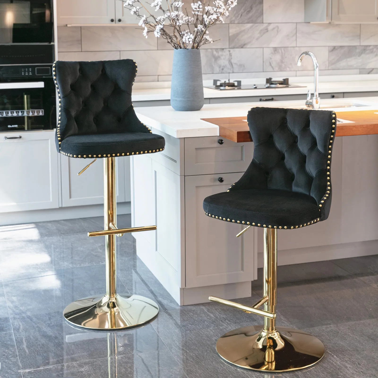 2-Pack Black Velvet Swivel Barstools, Golden Base, Tufted - 18" x 18.1" x 45.6"