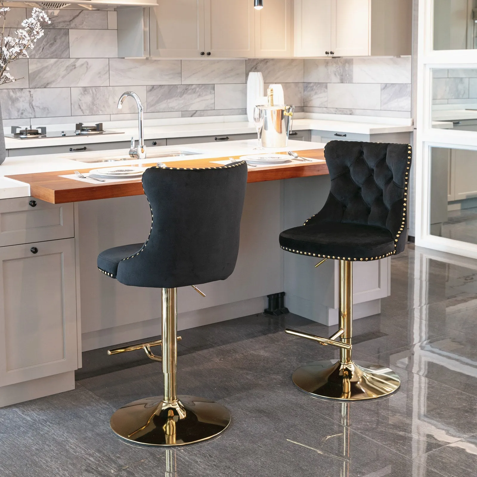 2-Pack Black Velvet Swivel Barstools, Golden Base, Tufted - 18" x 18.1" x 45.6"