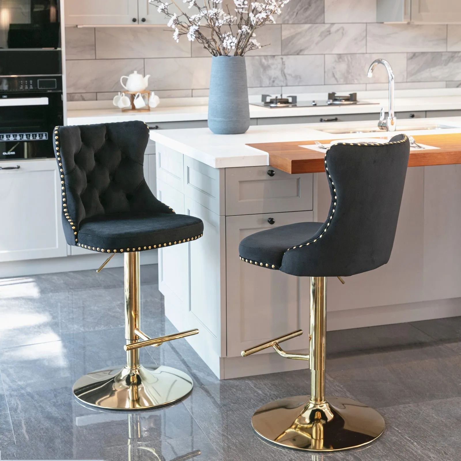 2-Pack Black Velvet Swivel Barstools, Golden Base, Tufted - 18" x 18.1" x 45.6"