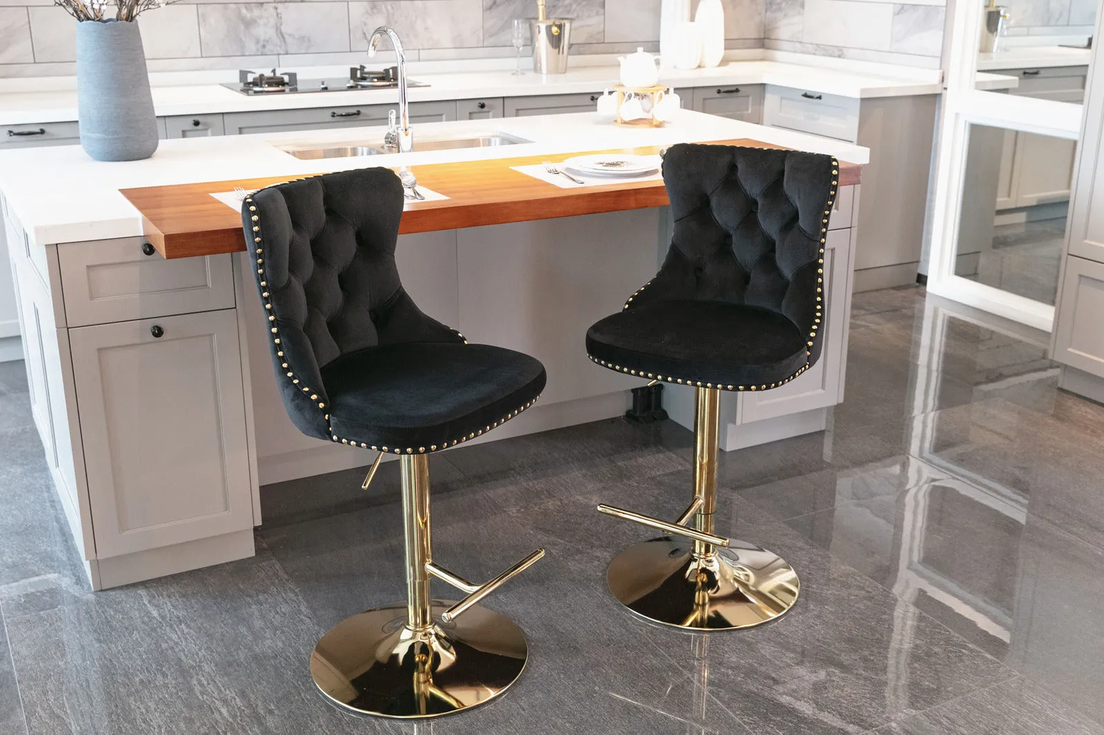 2-Pack Black Velvet Swivel Barstools, Golden Base, Tufted - 18" x 18.1" x 45.6"