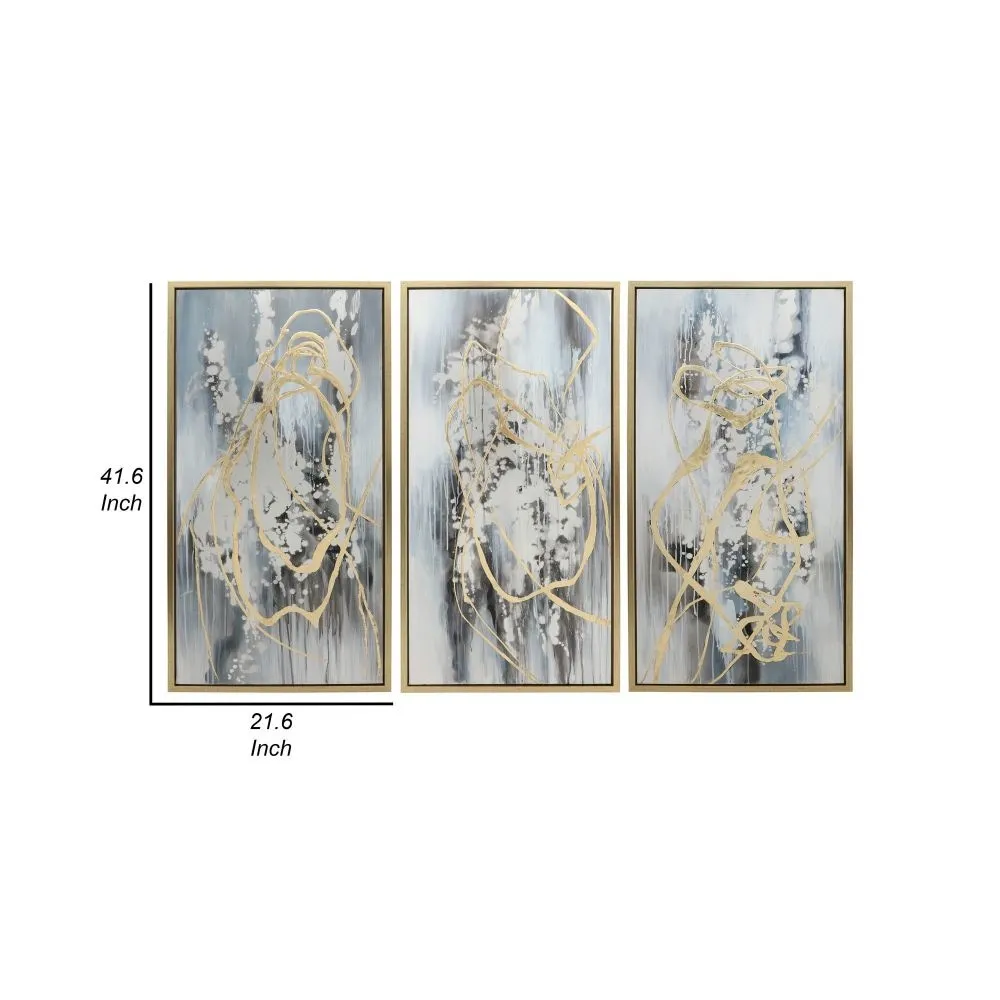 22 x 42 Canvas Wall Art, Abstract Luxury Paint Design, Set of 3, Gold, Gray By Casagear Home