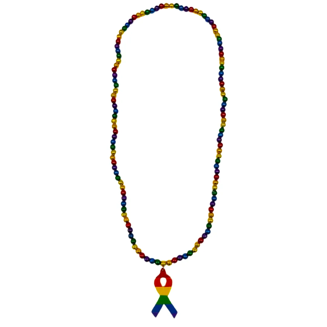 36" 8mm Rainbow Beads with Ribbon Medallion (Each)