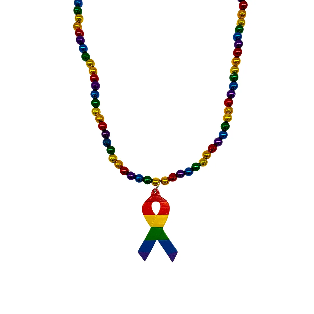 36" 8mm Rainbow Beads with Ribbon Medallion (Each)