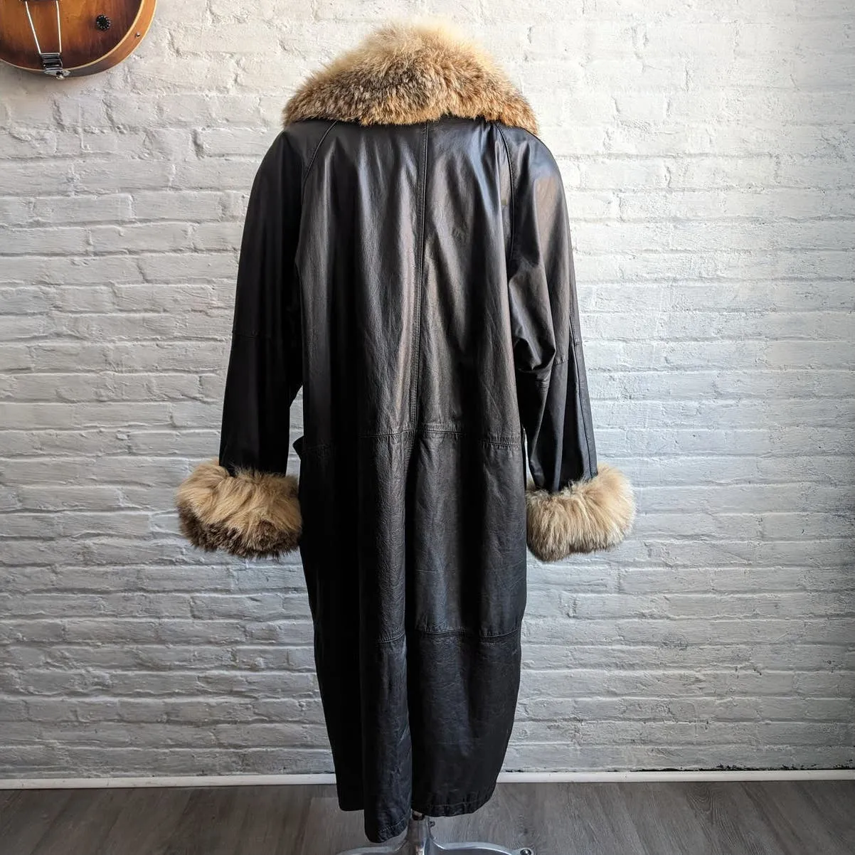 80s Vintage Black Leather Penny Lane Trench Coat Minimalist Biker Fox Fur Jacket