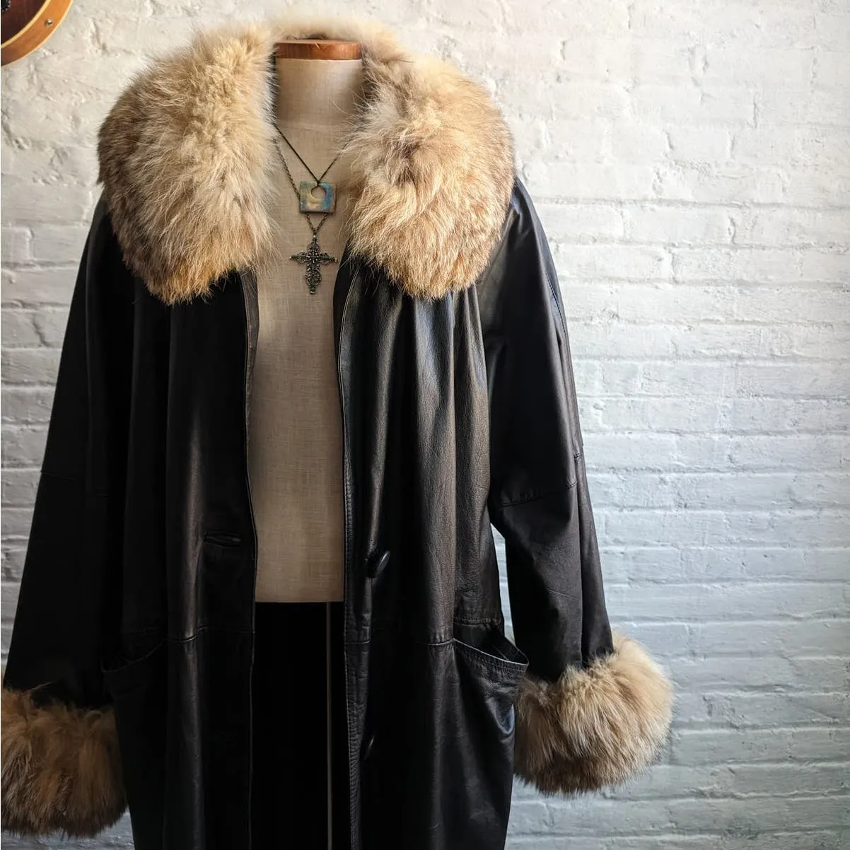 80s Vintage Black Leather Penny Lane Trench Coat Minimalist Biker Fox Fur Jacket