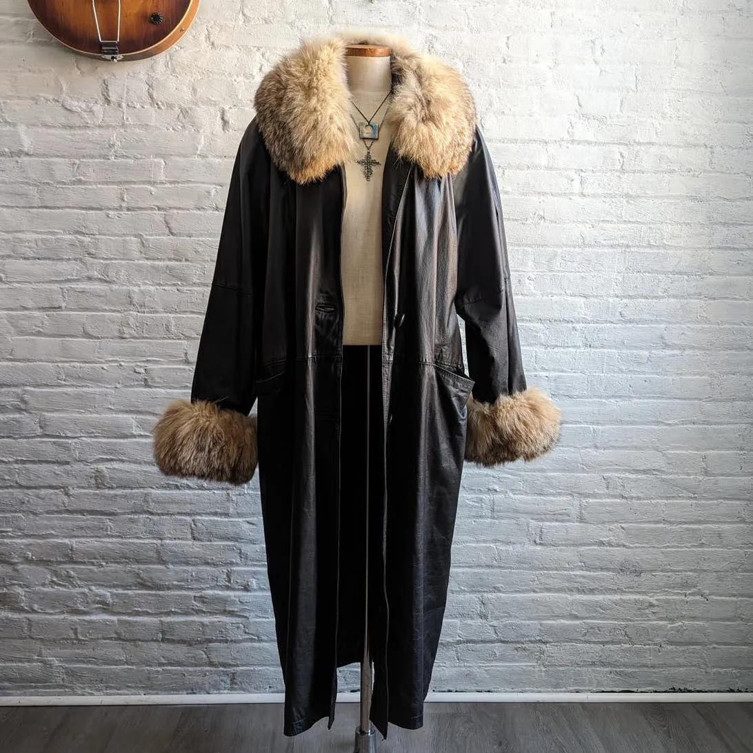 80s Vintage Black Leather Penny Lane Trench Coat Minimalist Biker Fox Fur Jacket