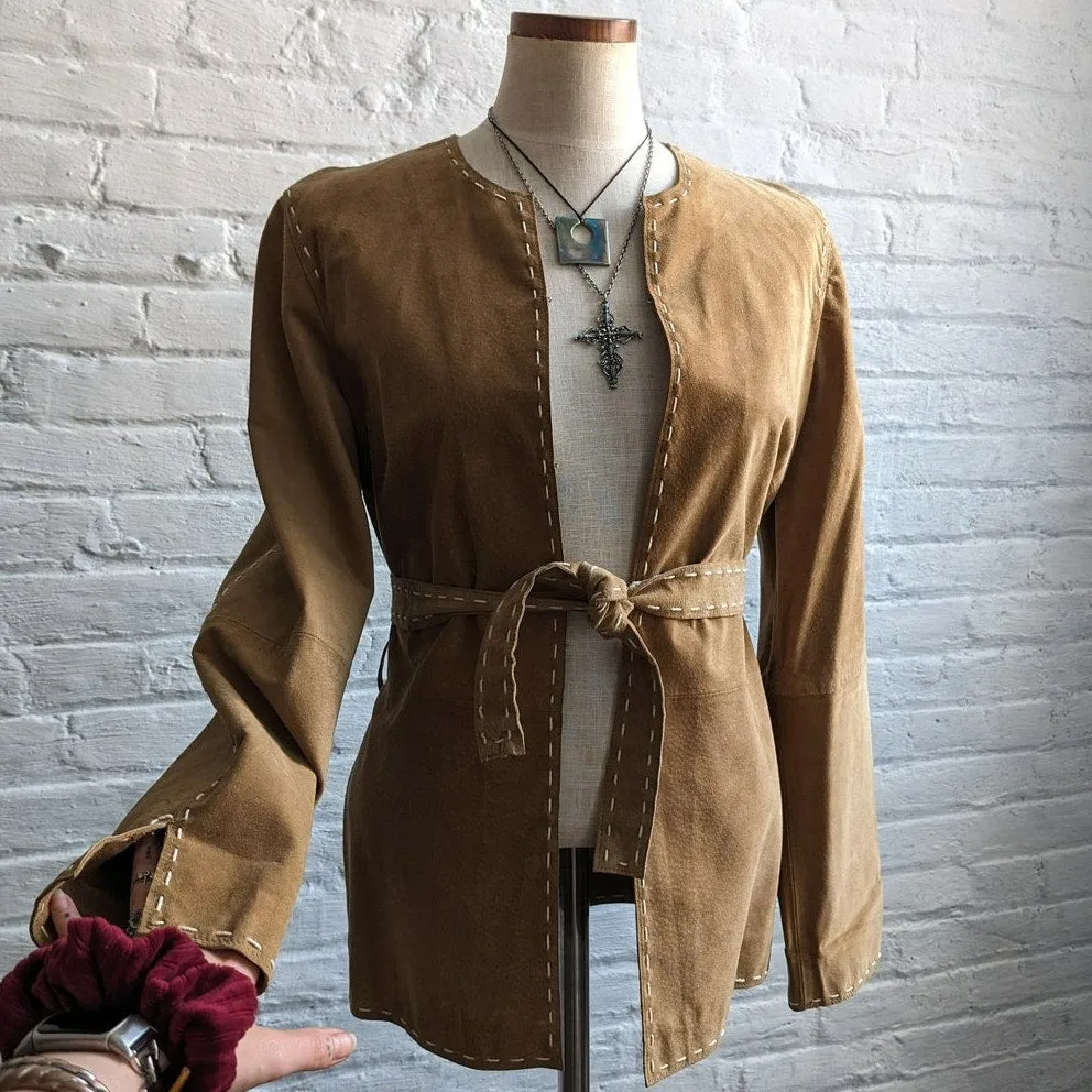 90s Vintage Western Minimalist Suede Jacket Neutral Camel Leather Cowgirl Blazer