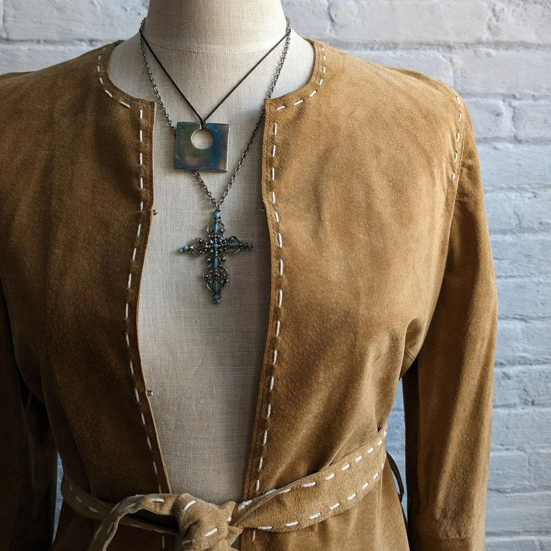 90s Vintage Western Minimalist Suede Jacket Neutral Camel Leather Cowgirl Blazer