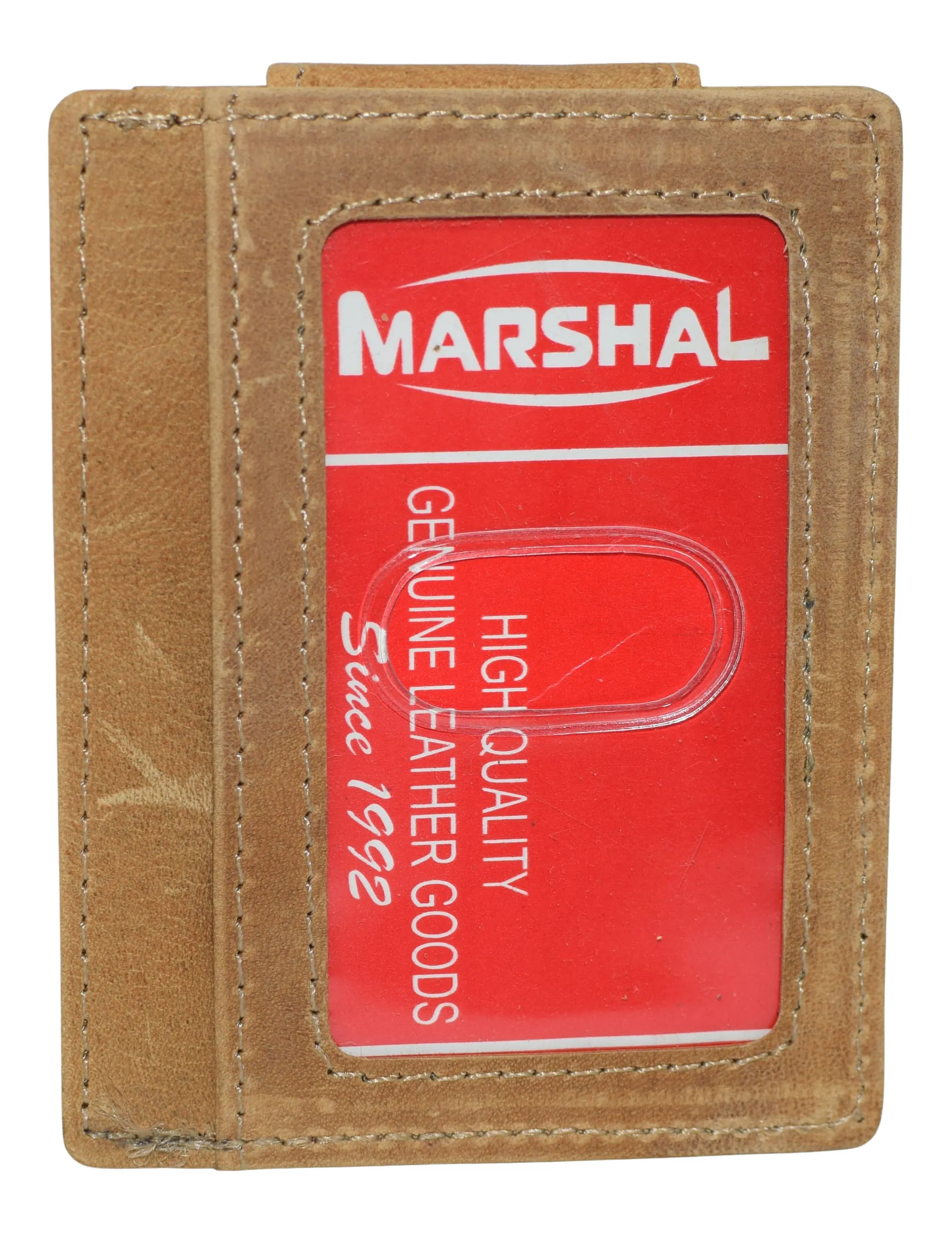 910EHUQ Marshal Genuine Hunter Leather Money Clip Front Pocket ID Wallet Strong Magnet