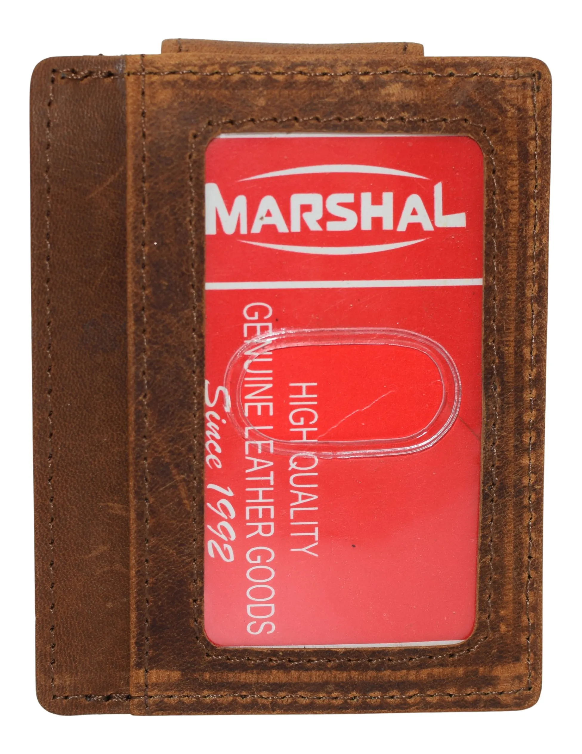 910EHUQ Marshal Genuine Hunter Leather Money Clip Front Pocket ID Wallet Strong Magnet