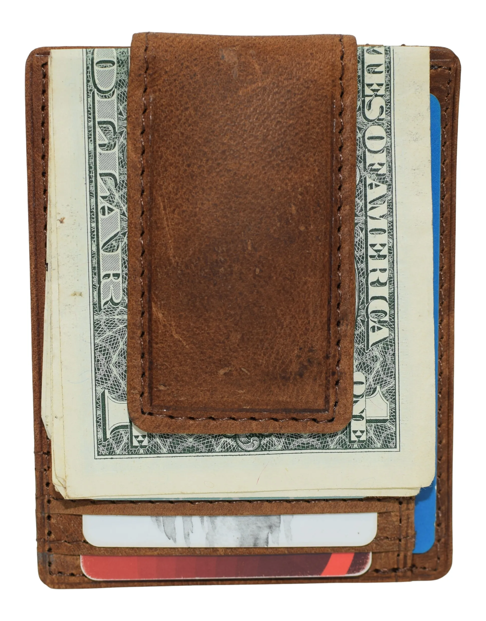 910EHUQ Marshal Genuine Hunter Leather Money Clip Front Pocket ID Wallet Strong Magnet