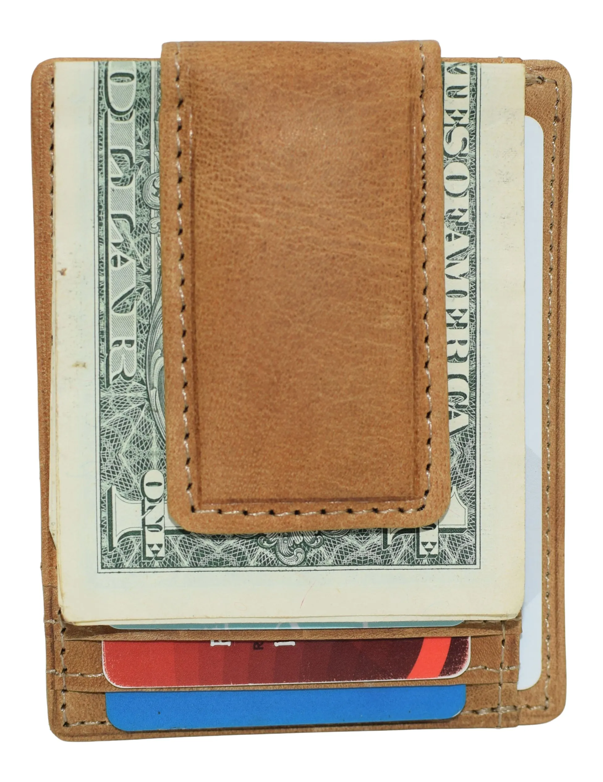 910EHUQ Marshal Genuine Hunter Leather Money Clip Front Pocket ID Wallet Strong Magnet