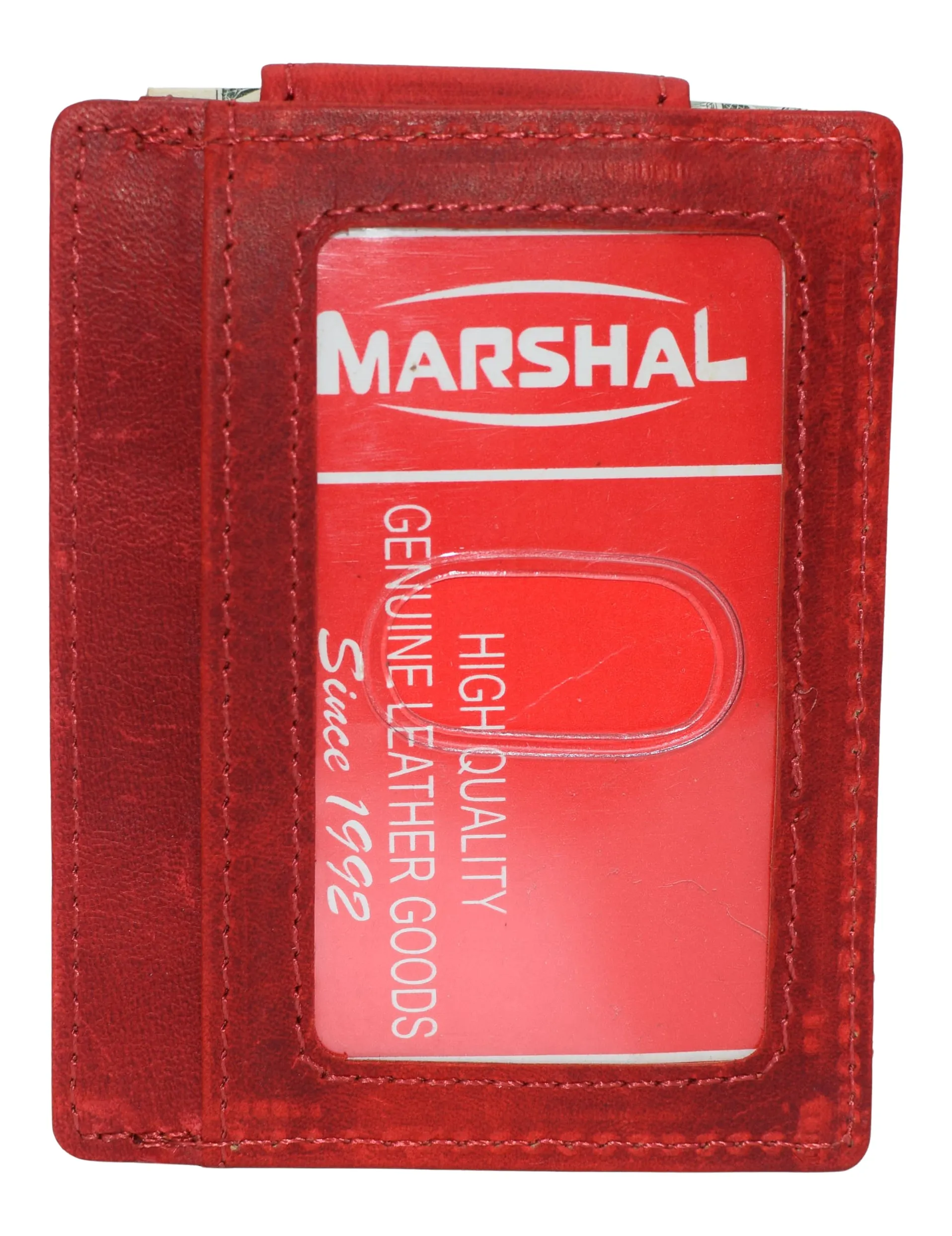 910EHUQ Marshal Genuine Hunter Leather Money Clip Front Pocket ID Wallet Strong Magnet