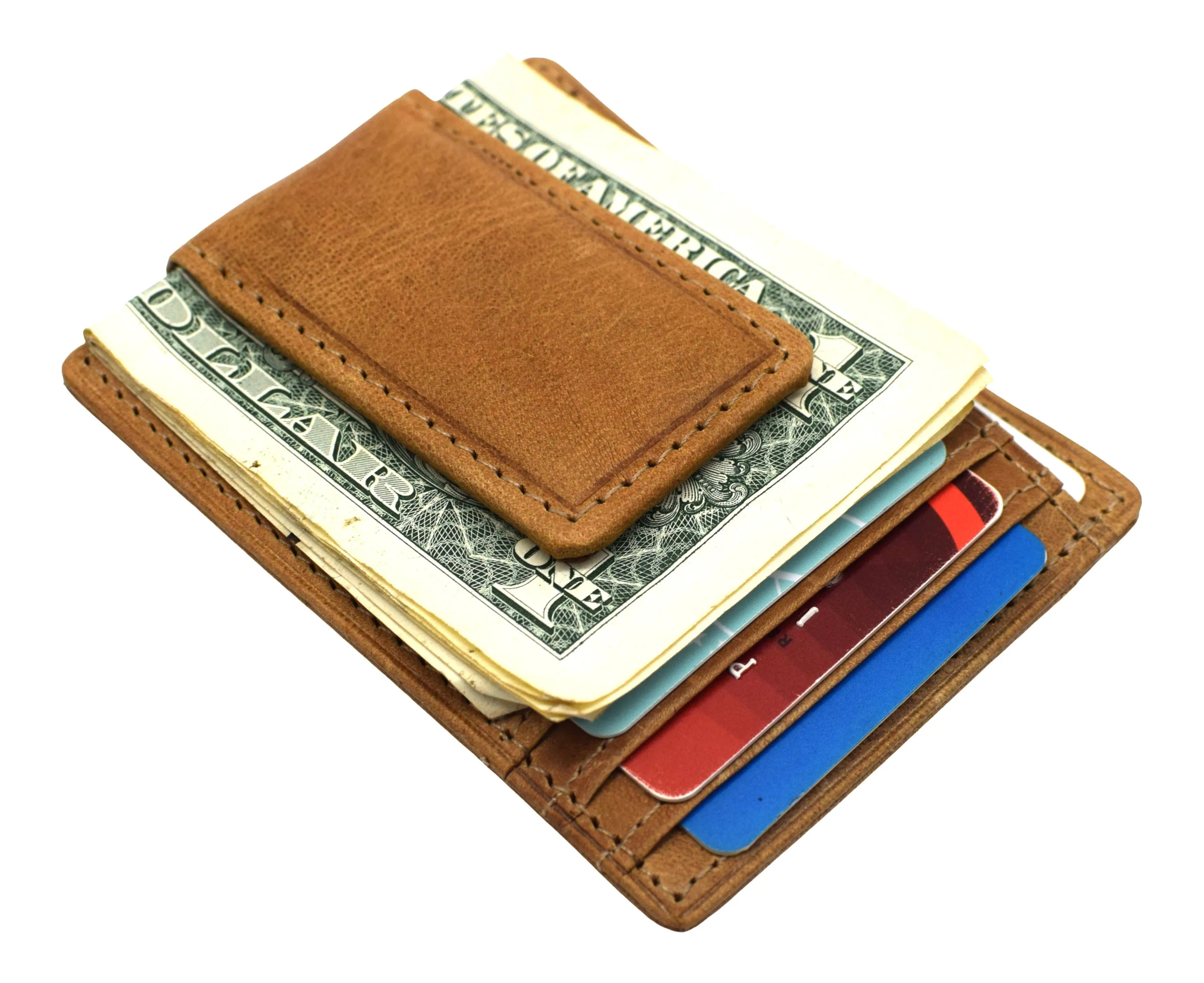 910EHUQ Marshal Genuine Hunter Leather Money Clip Front Pocket ID Wallet Strong Magnet