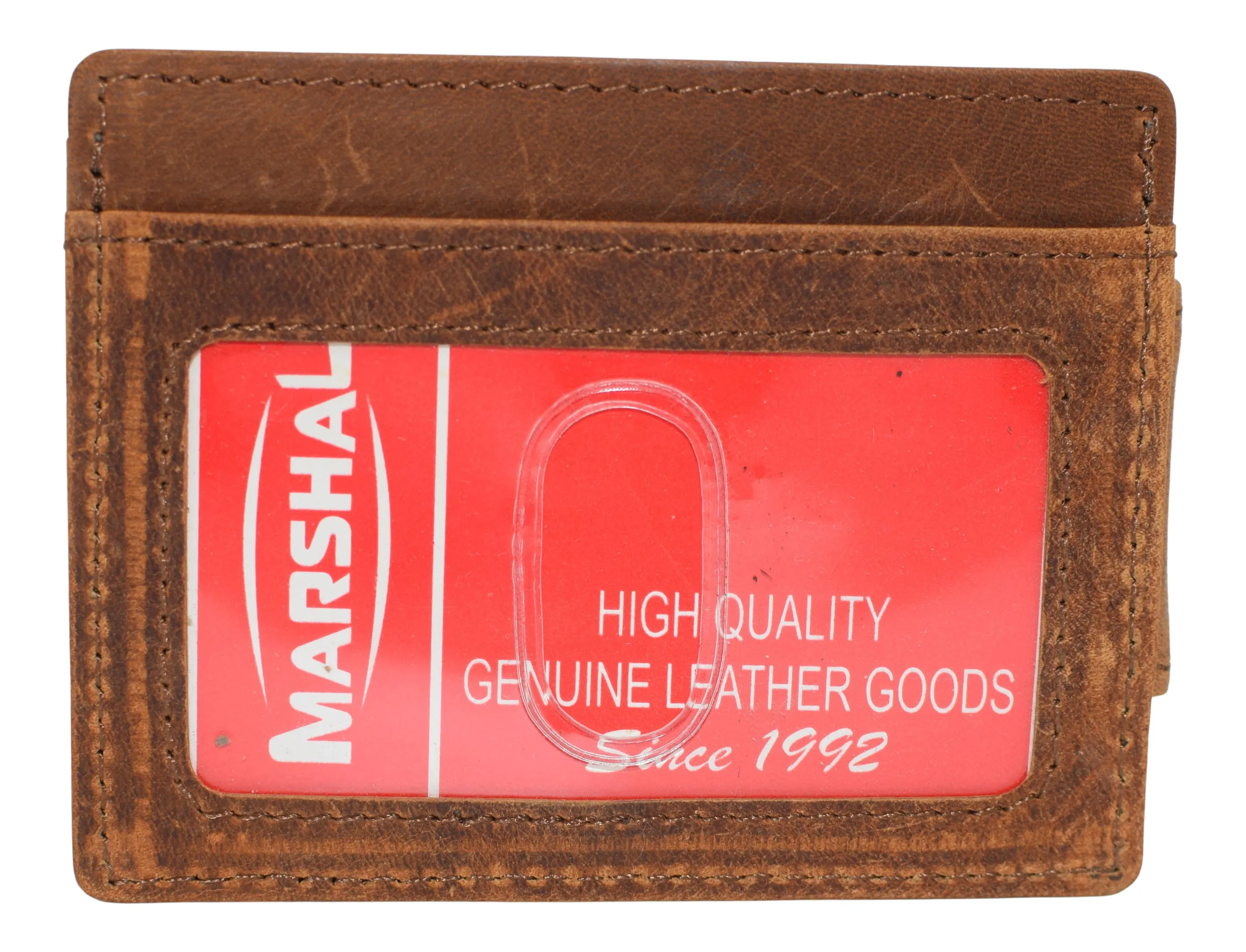 910EHUQ Marshal Genuine Hunter Leather Money Clip Front Pocket ID Wallet Strong Magnet