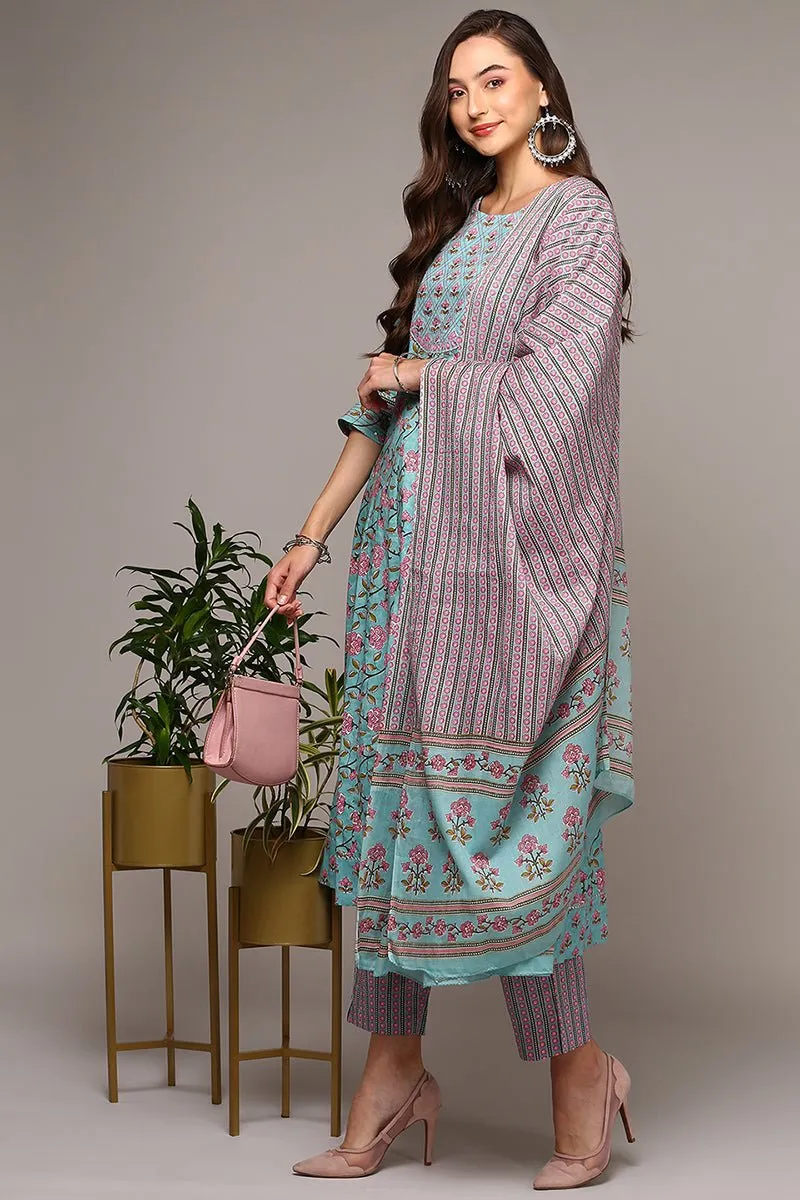 Ahika Blue Pure Cotton Printed Flared Suit Set