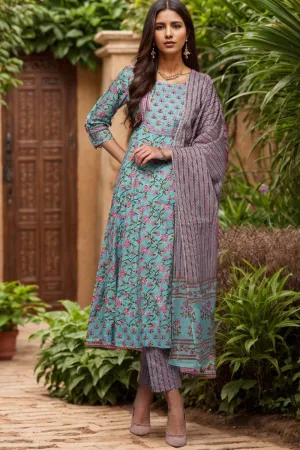 Ahika Blue Pure Cotton Printed Flared Suit Set