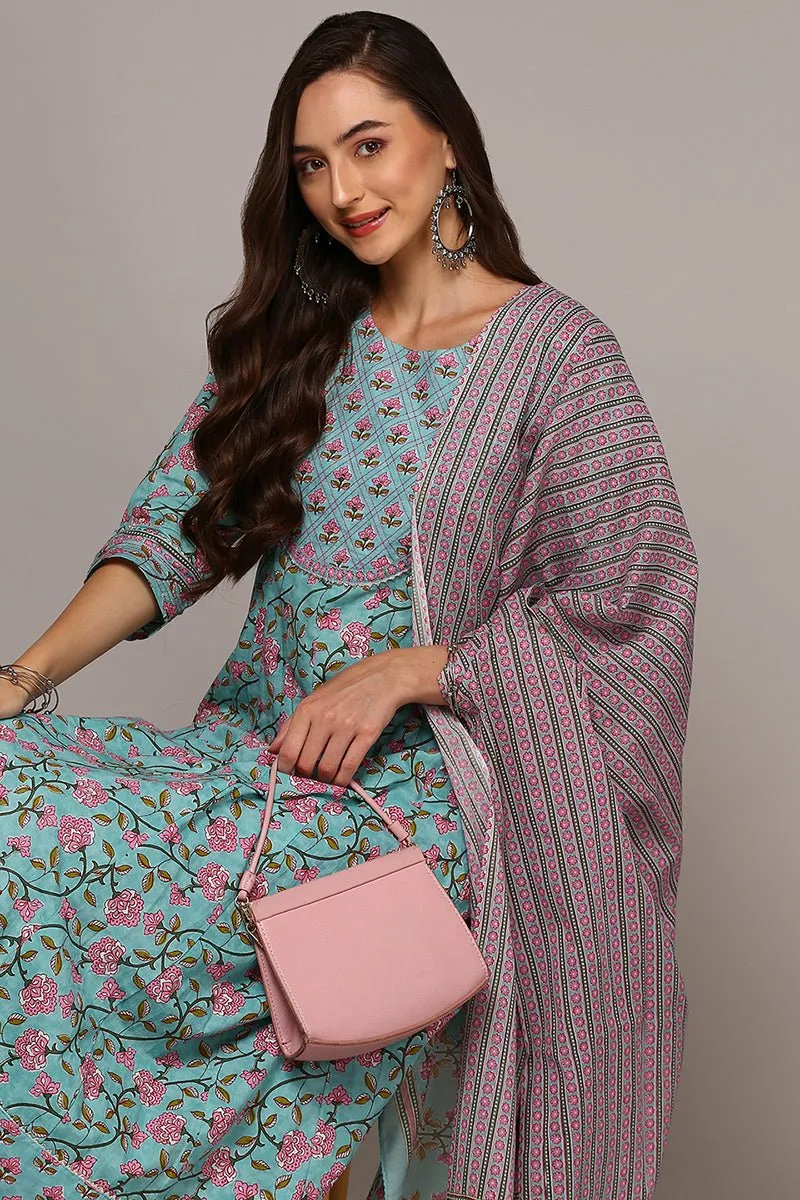 Ahika Blue Pure Cotton Printed Flared Suit Set