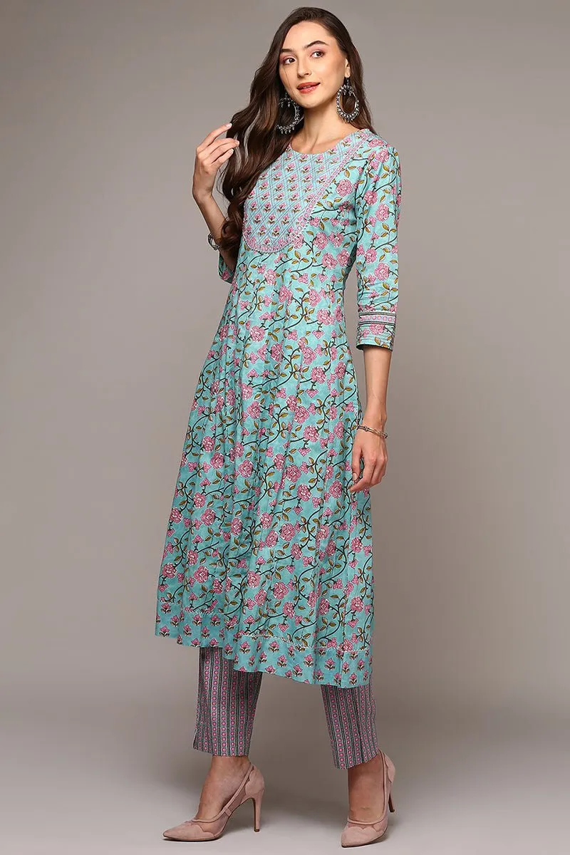 Ahika Blue Pure Cotton Printed Flared Suit Set