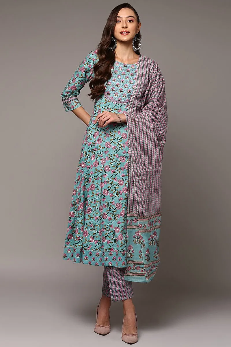 Ahika Blue Pure Cotton Printed Flared Suit Set