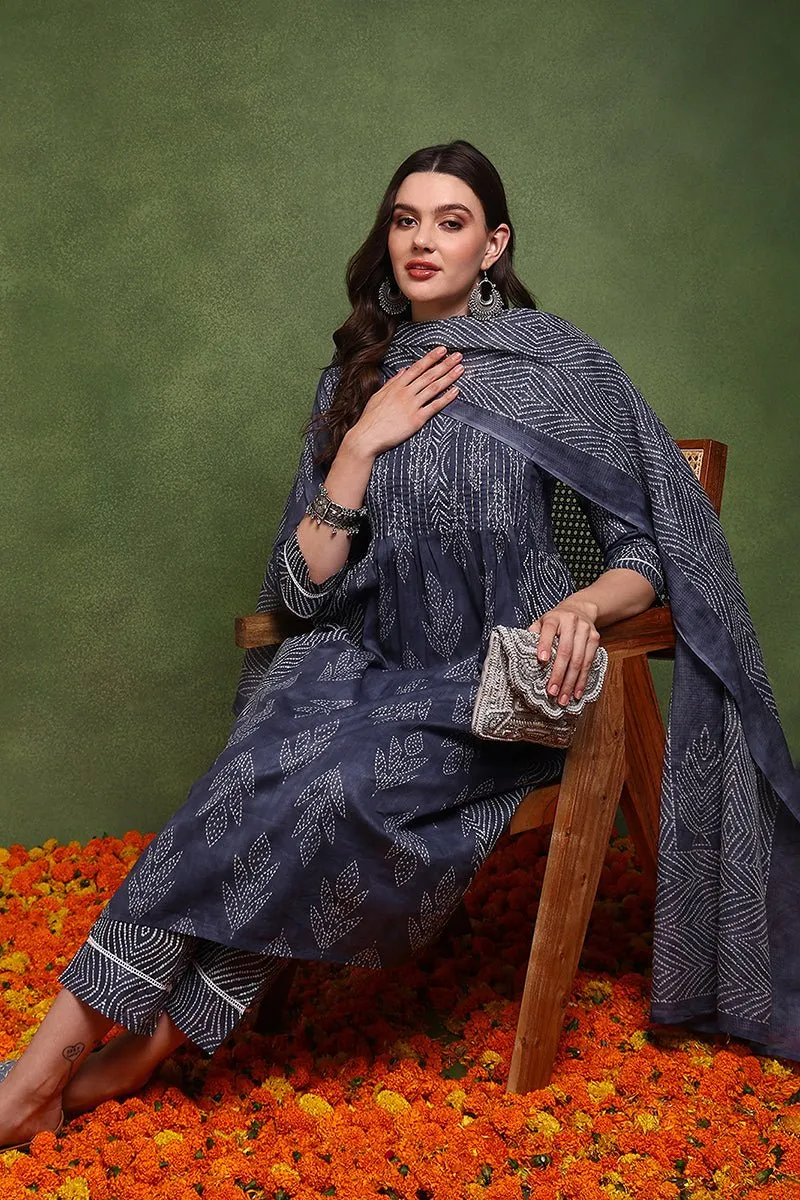 Ahika Navy Blue Pure Cotton Bandhani Printed A-Line Suit Set