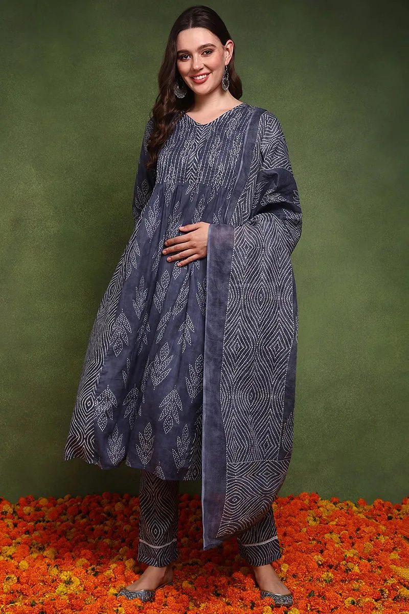 Ahika Navy Blue Pure Cotton Bandhani Printed A-Line Suit Set