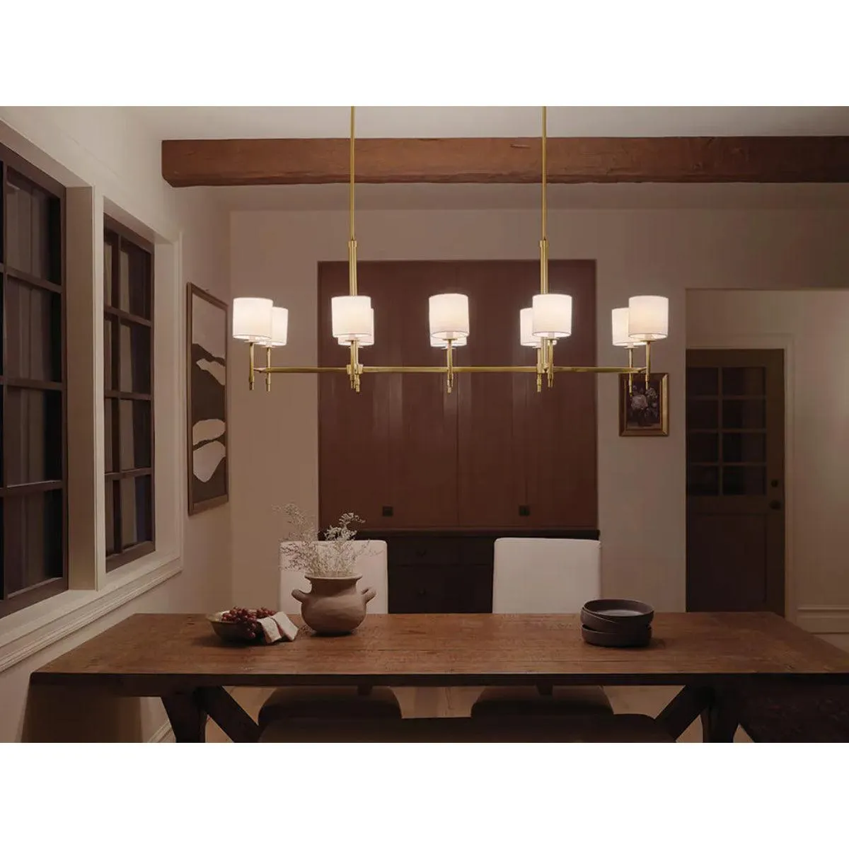 Ali 57" 10-Light Chandelier with Fabric Drum Shade, Brushed Natural Brass Finish