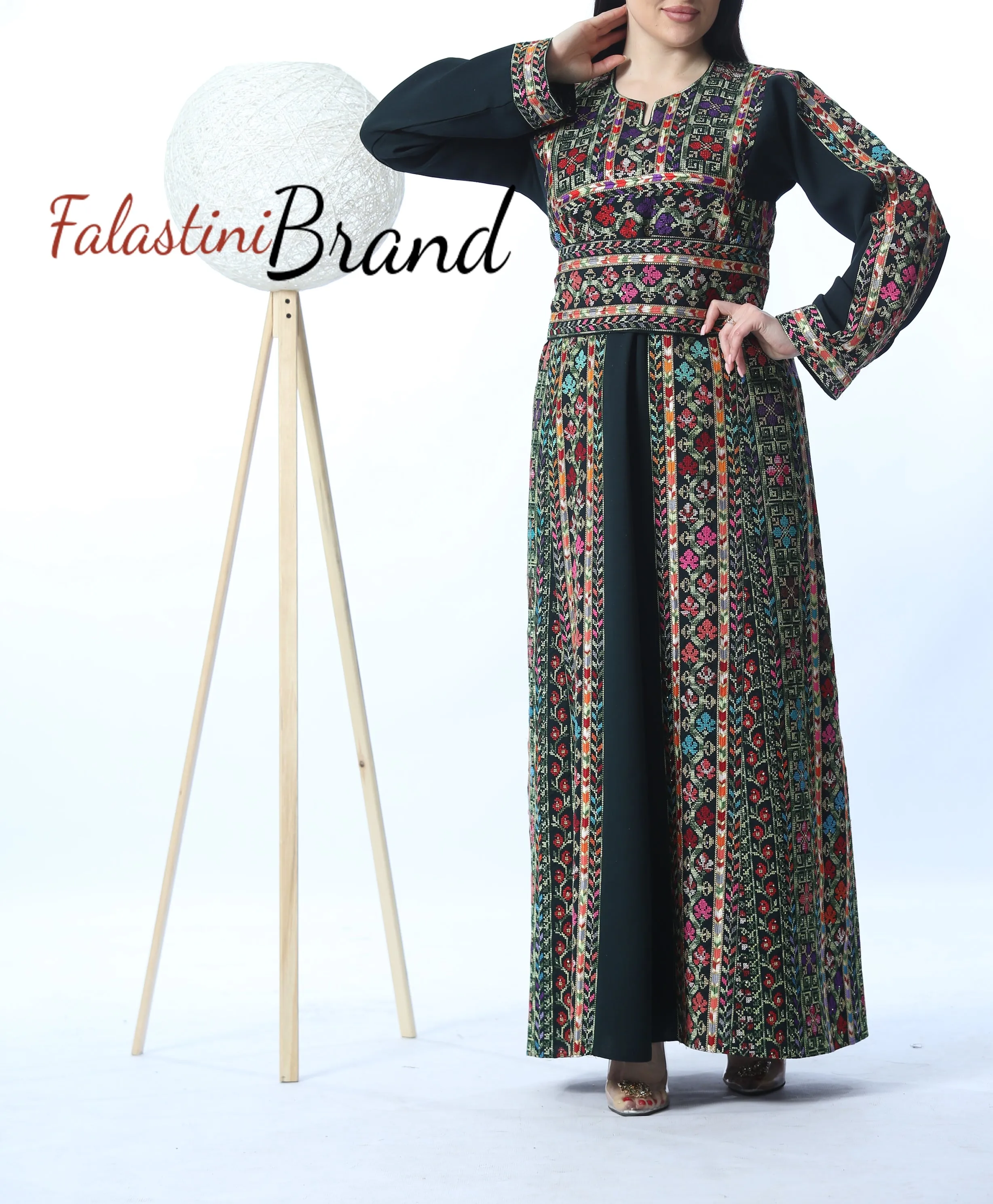 Amazing Dark Green Manajil Palestinian Embroidered Thobe Dress With Astonishing Embroidery