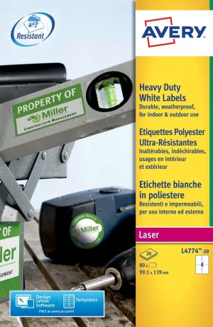 Avery Laser Heavy Duty Label 99x139mm 4 Per A4 Sheet White (Pack 80 Labels) L4774-20