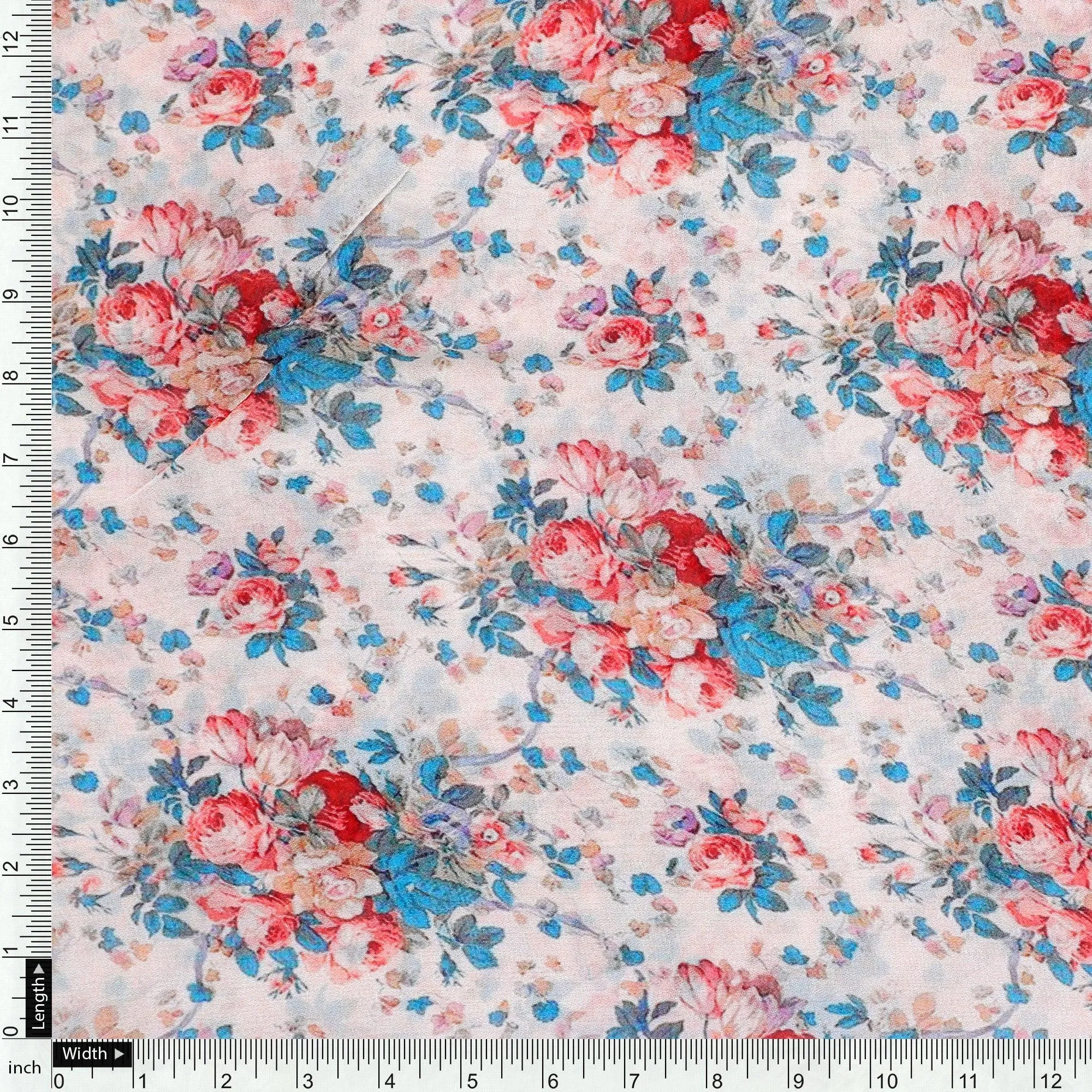 Beautiful Ditsy Flowers On Blue Digital Printed Fabric - Pure Georgette