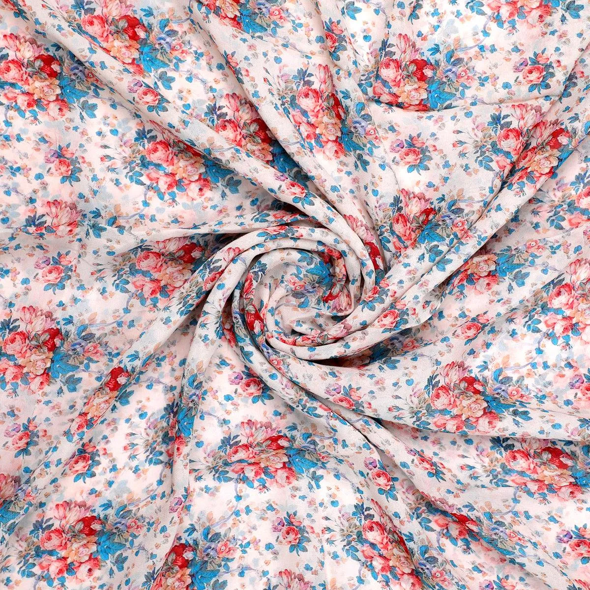 Beautiful Ditsy Flowers On Blue Digital Printed Fabric - Pure Georgette