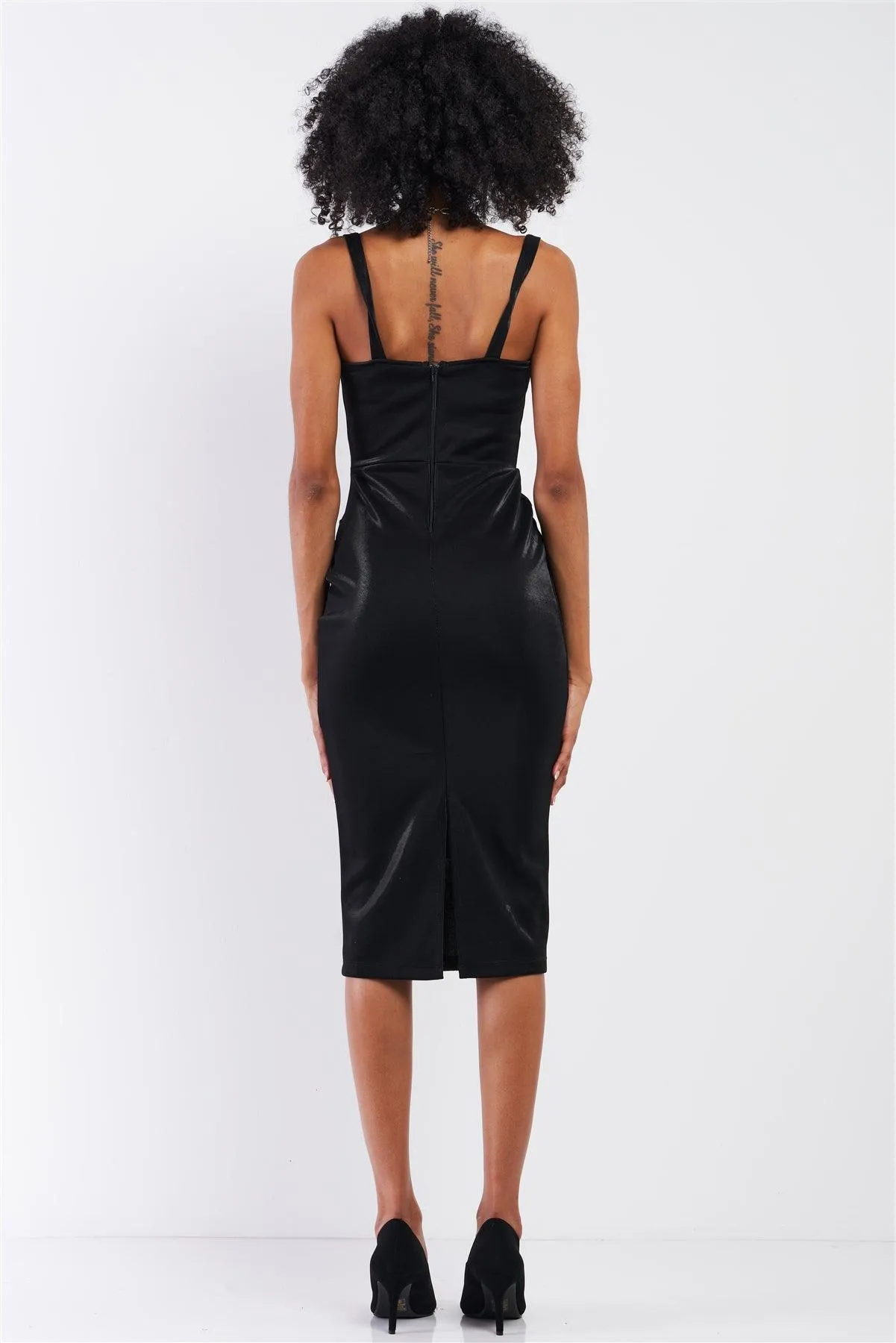 Black Sleeveless Square Neck Back Slit Detail Fitted Midi Dress /3-2-1