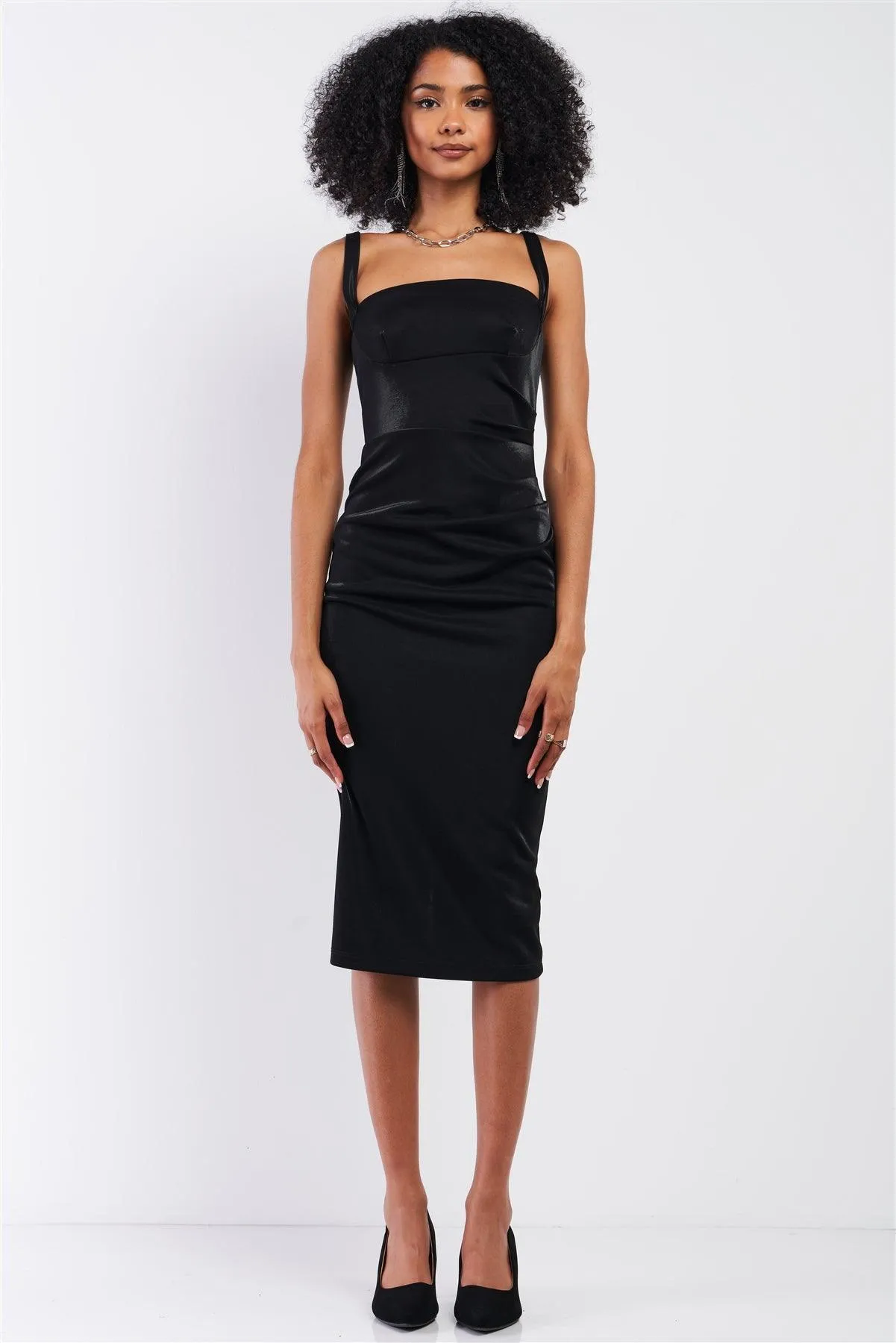 Black Sleeveless Square Neck Back Slit Detail Fitted Midi Dress /3-2-1