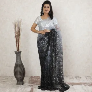 Black to Pearl grey Premium Pure French chnatilly saree lace having stone work in ombre design-D13469