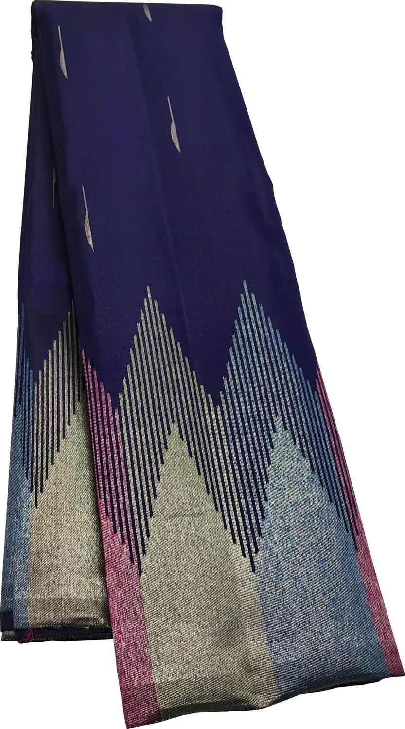 Blue Handloom Kanjeevaram Silk Saree with Temple Border