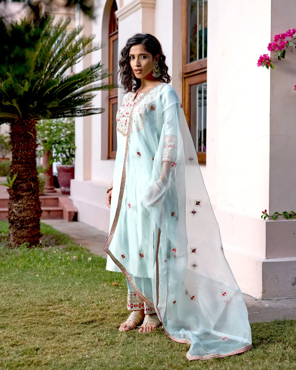 Blue Pink Hand Embroidered Silk Kurta Set