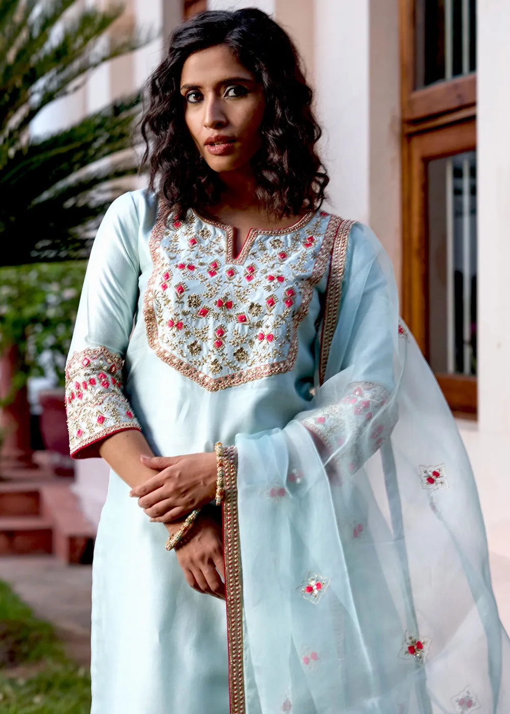 Blue Pink Hand Embroidered Silk Kurta Set