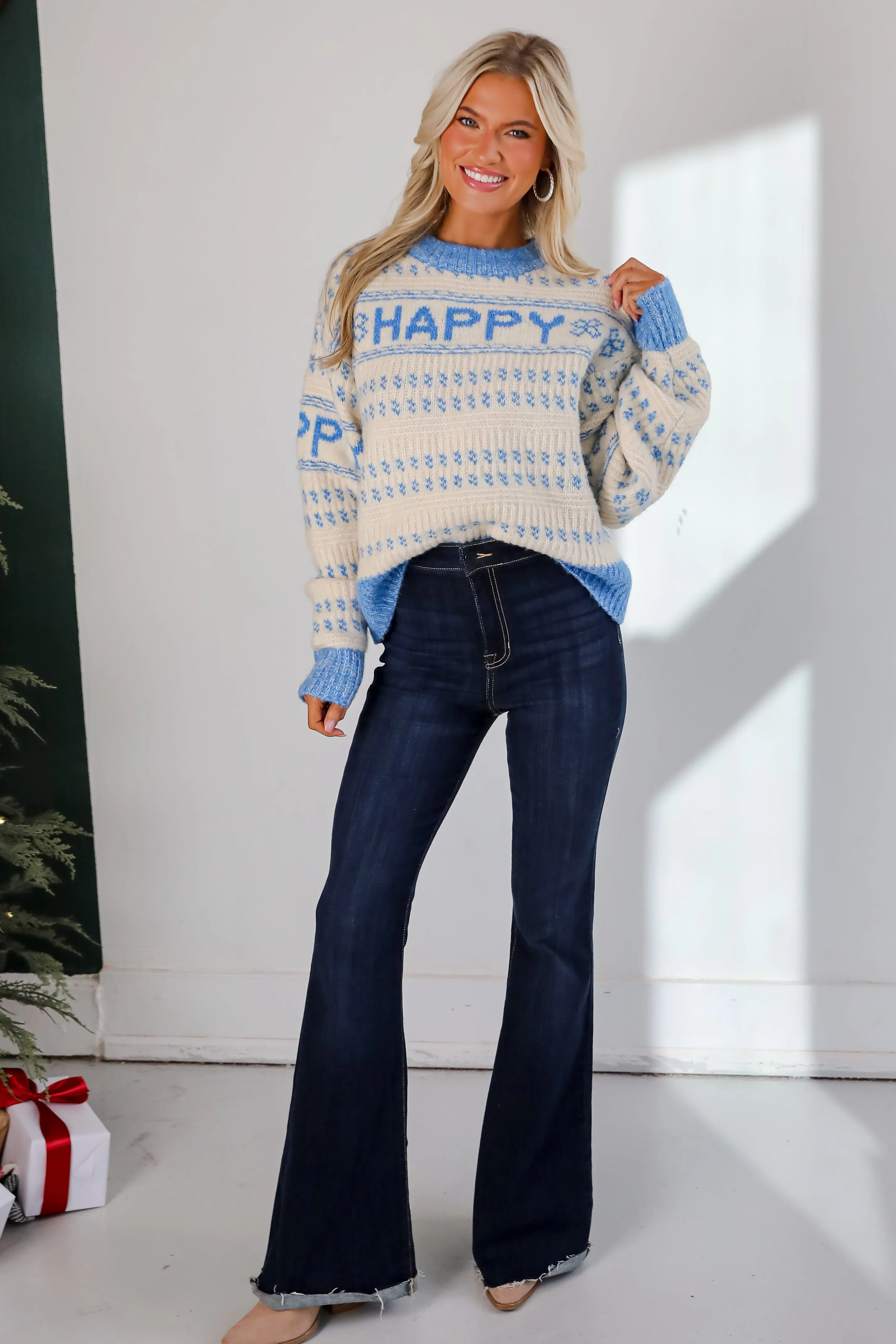 Blue Striped Happy Sweater