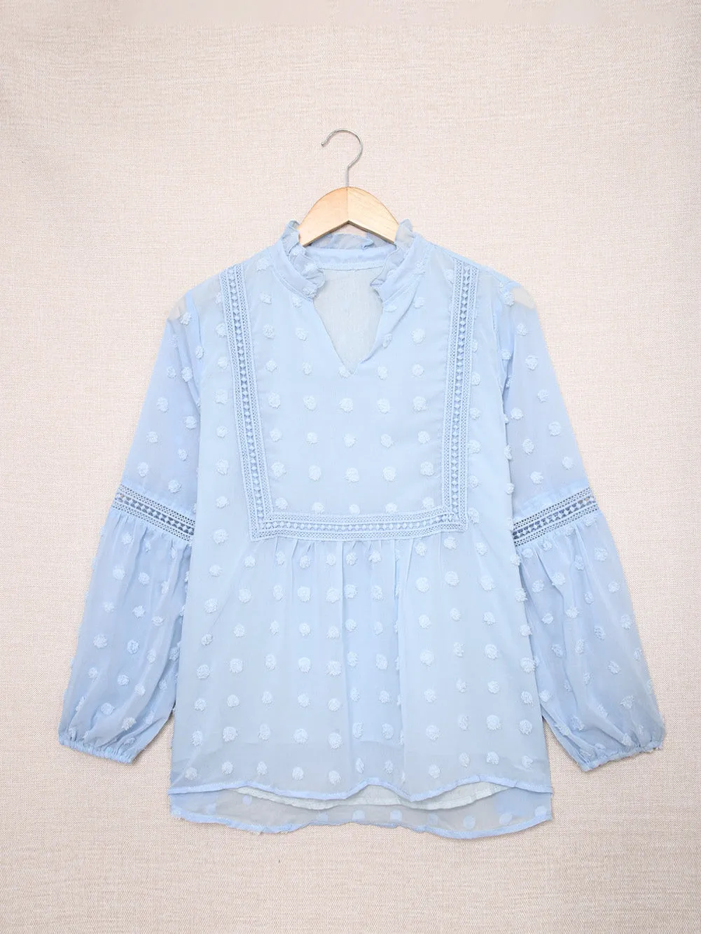 Blue Swiss Dot Puff Sleeve Lace Trim V-Neck Blouse