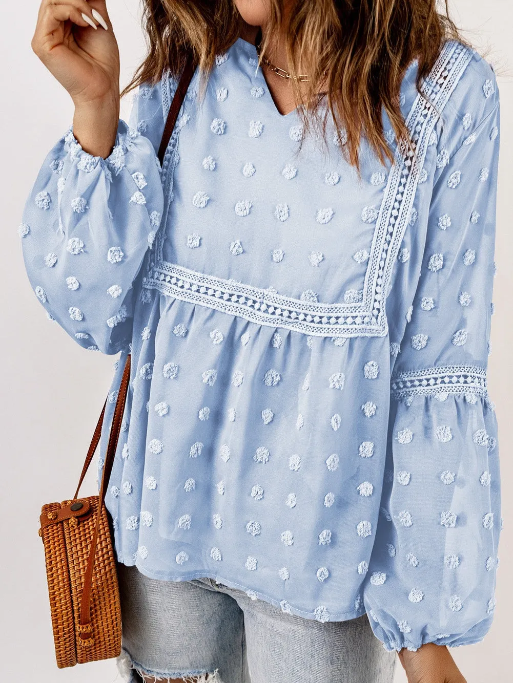 Blue Swiss Dot Puff Sleeve Lace Trim V-Neck Blouse