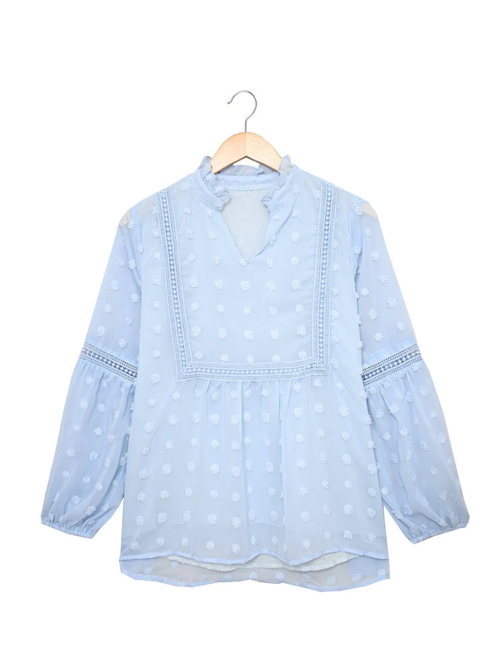 Blue Swiss Dot Puff Sleeve Lace Trim V-Neck Blouse