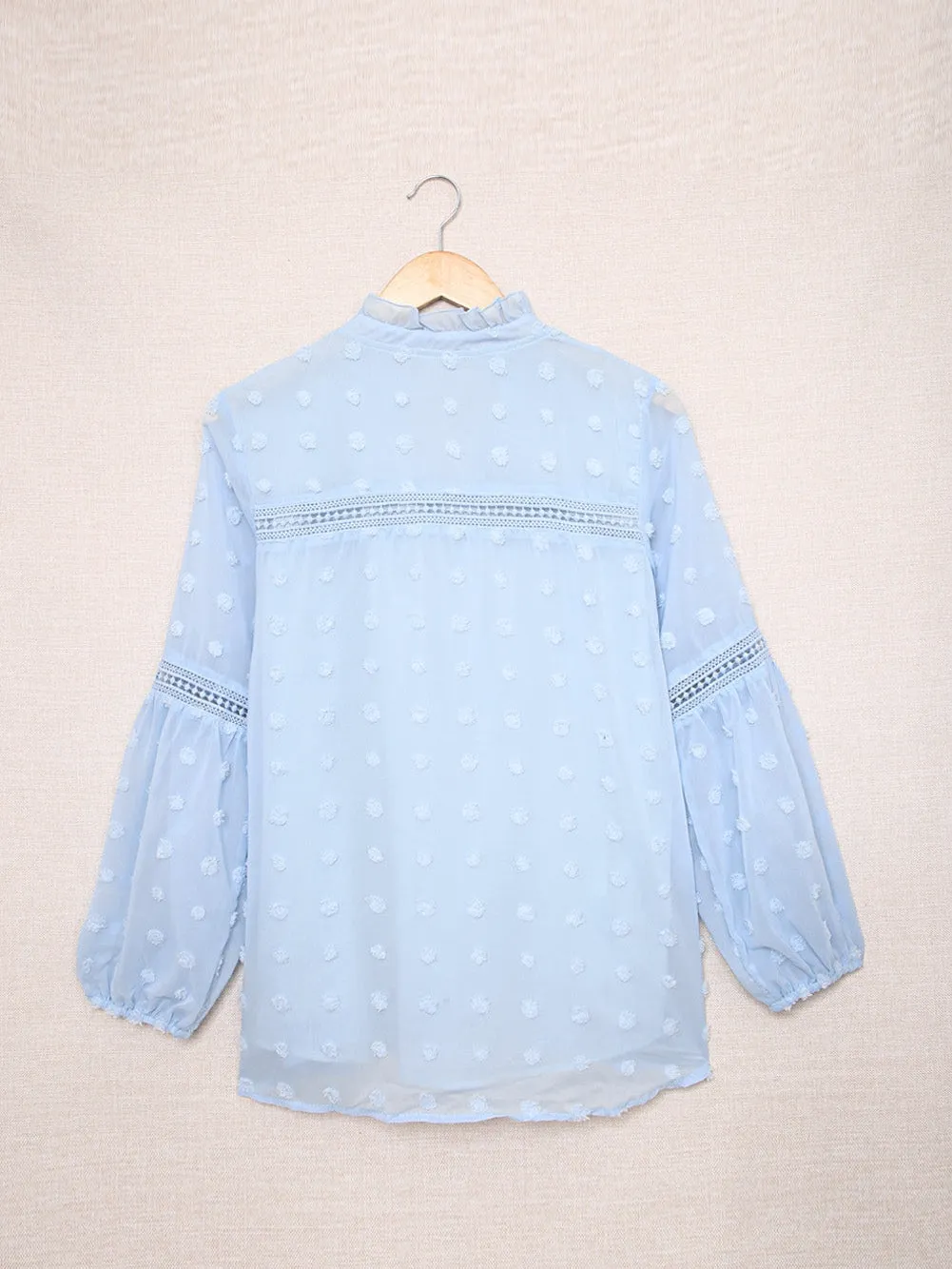 Blue Swiss Dot Puff Sleeve Lace Trim V-Neck Blouse