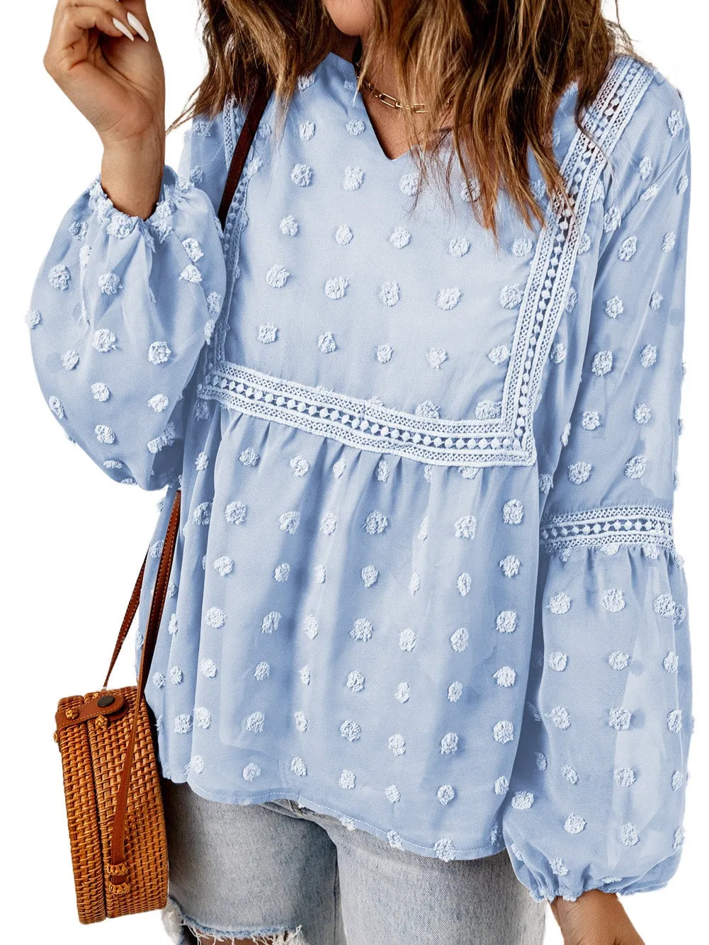 Blue Swiss Dot Puff Sleeve Lace Trim V-Neck Blouse