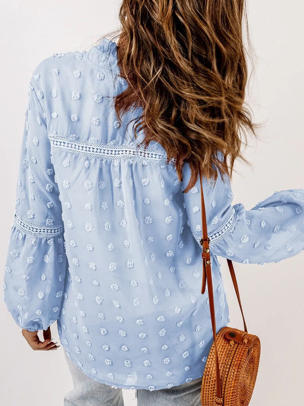 Blue Swiss Dot Puff Sleeve Lace Trim V-Neck Blouse