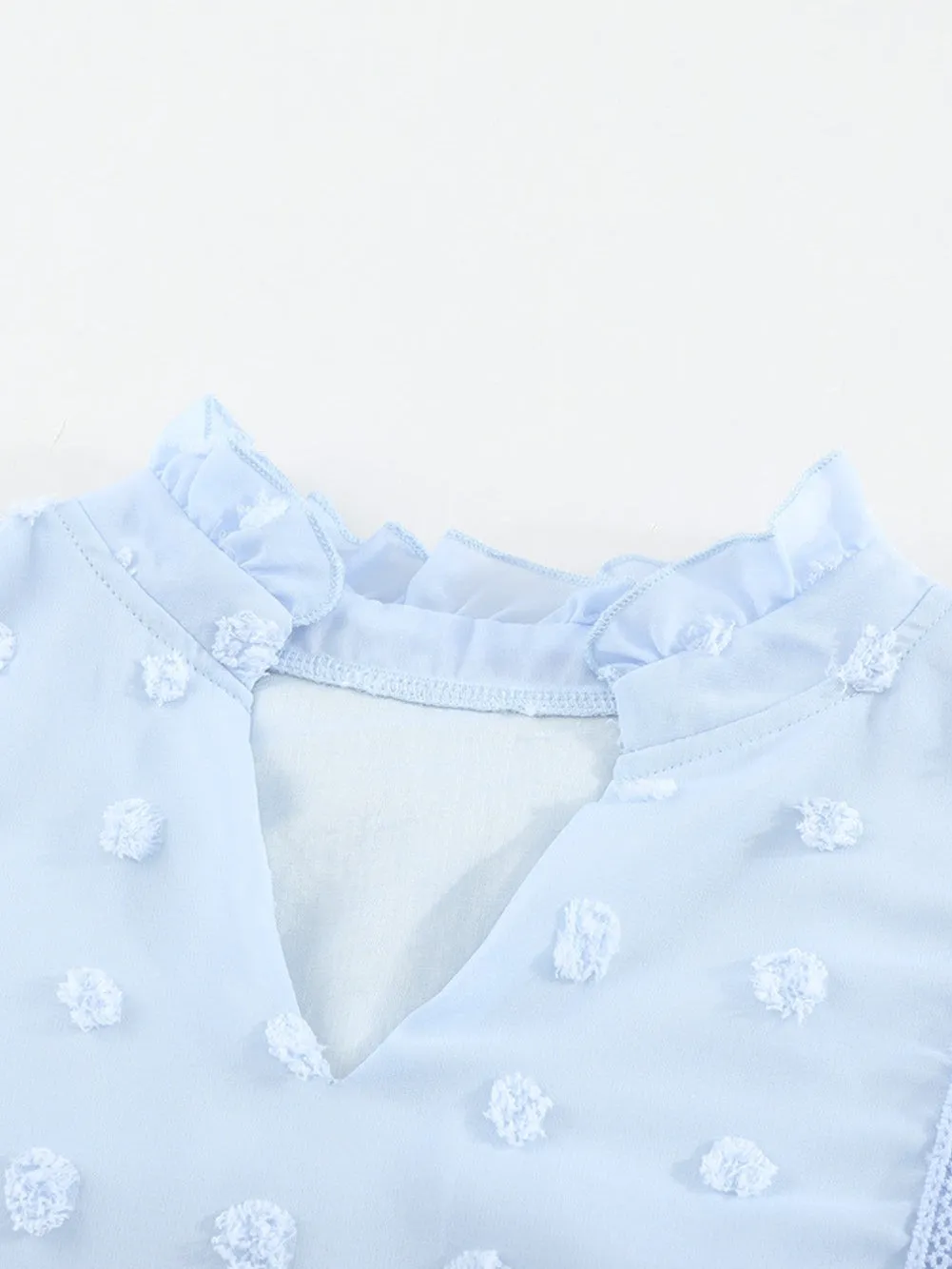 Blue Swiss Dot Puff Sleeve Lace Trim V-Neck Blouse