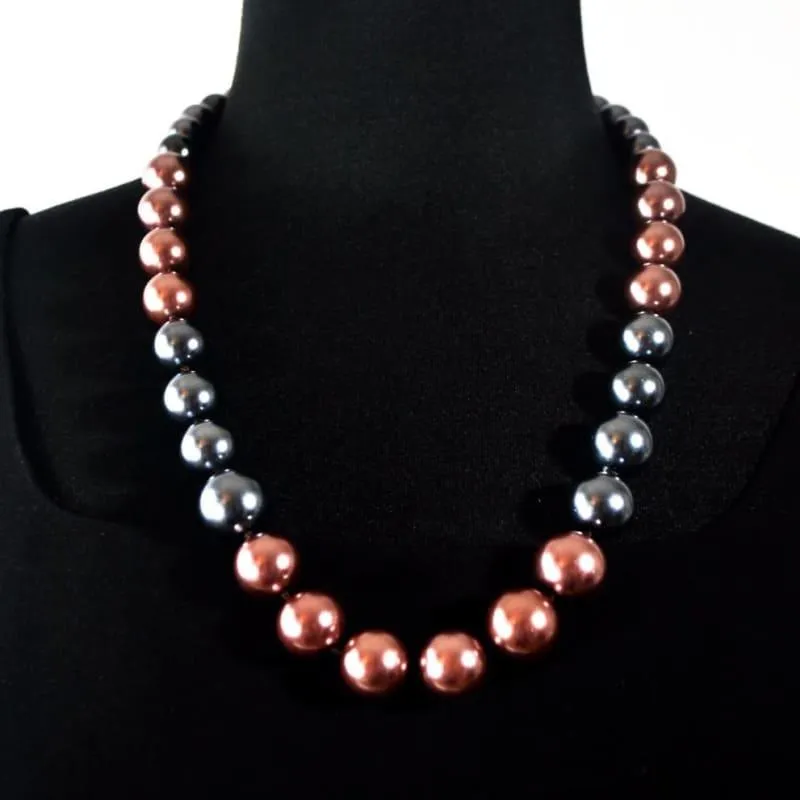 Brown and Gray Color Block Glass Pearl Necklace