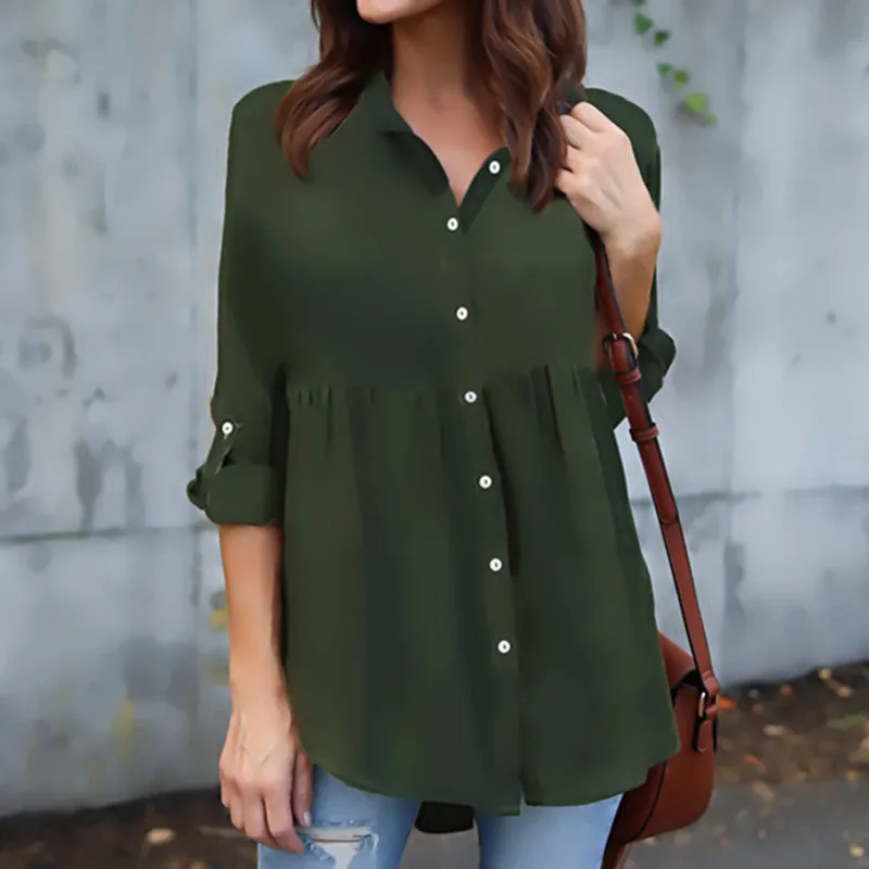 Button V-neck Pure Color Long Sleeves Loose Blouse