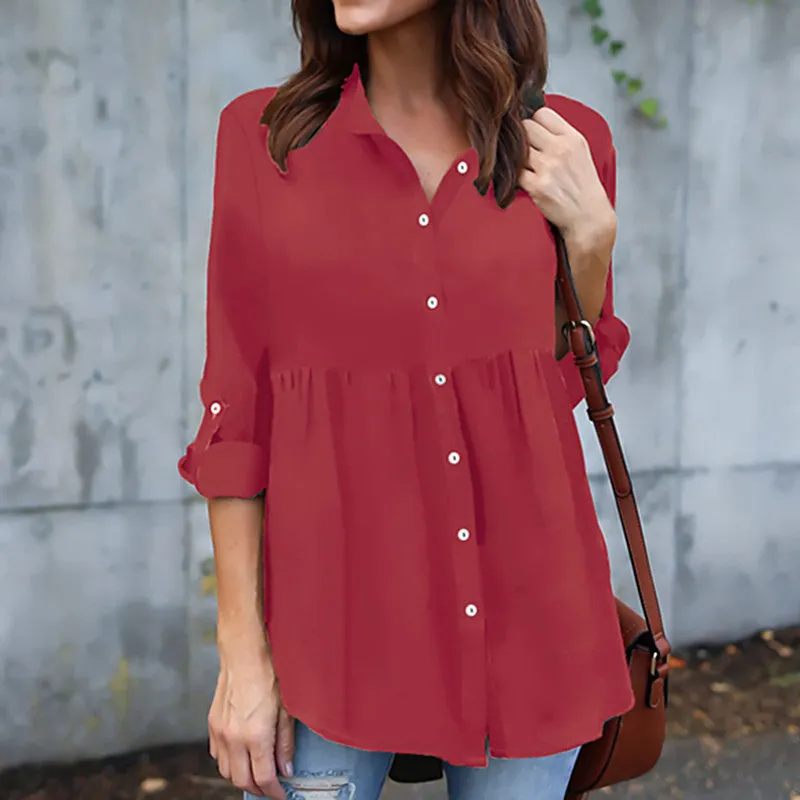 Button V-neck Pure Color Long Sleeves Loose Blouse